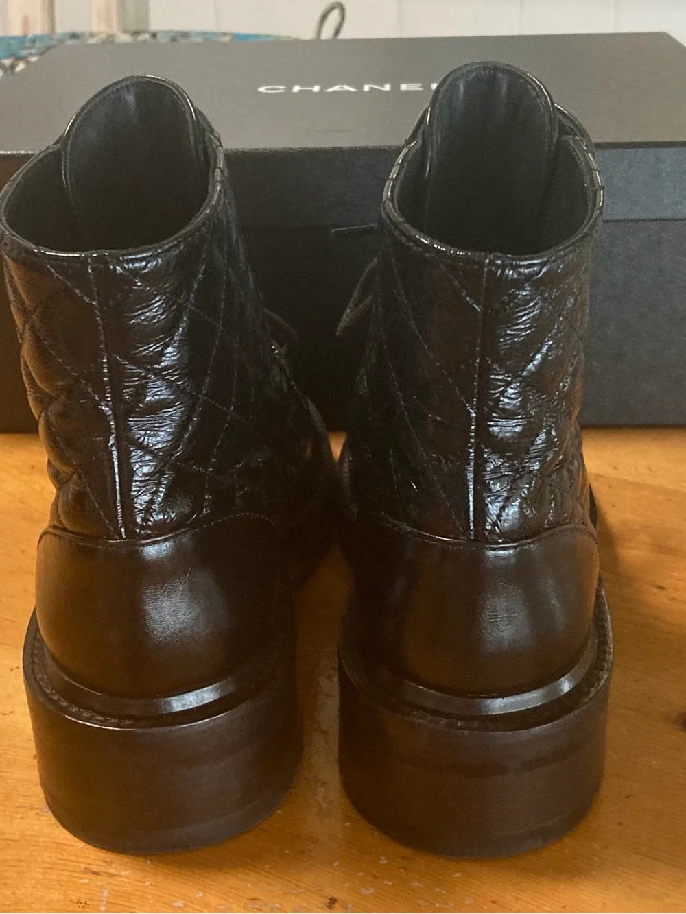 CHANEL Authentic Black Shiny Leather Low Heel Lace Up Combat Boots USA Size 6~